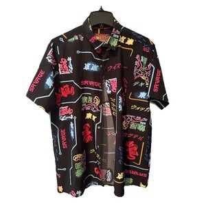 Fresh Prints Of Tokyo Short Sleeve‎ Button Up Shirt Savage Black Neon Multi Sz M